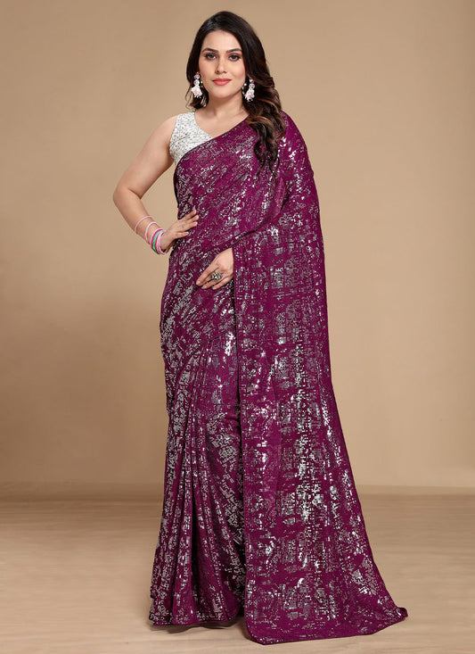 Classic Georgette Wine Sequins Saree