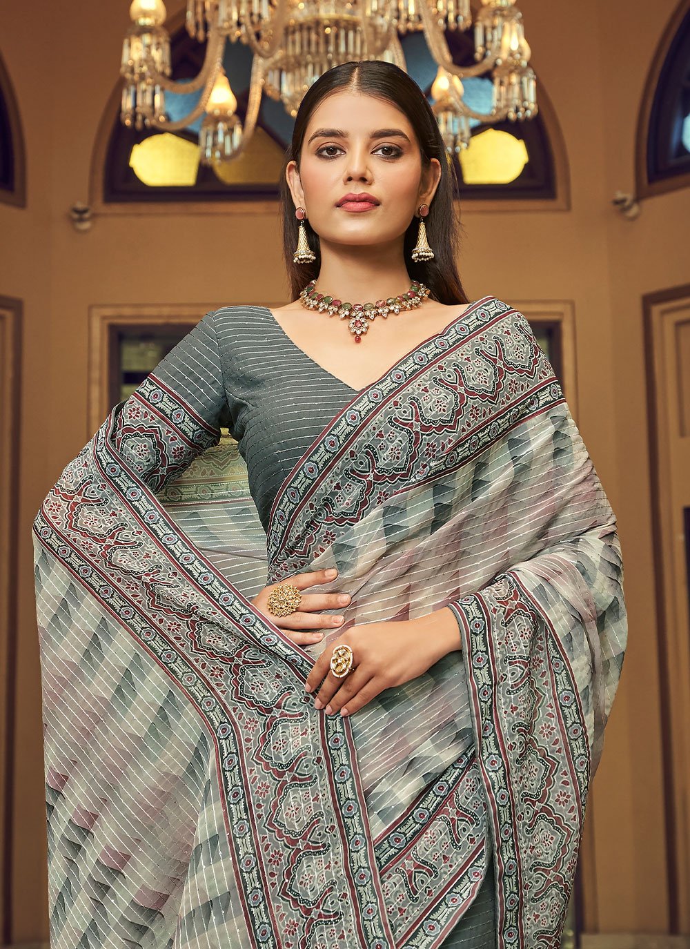 Designer Georgette Grey Print Saree