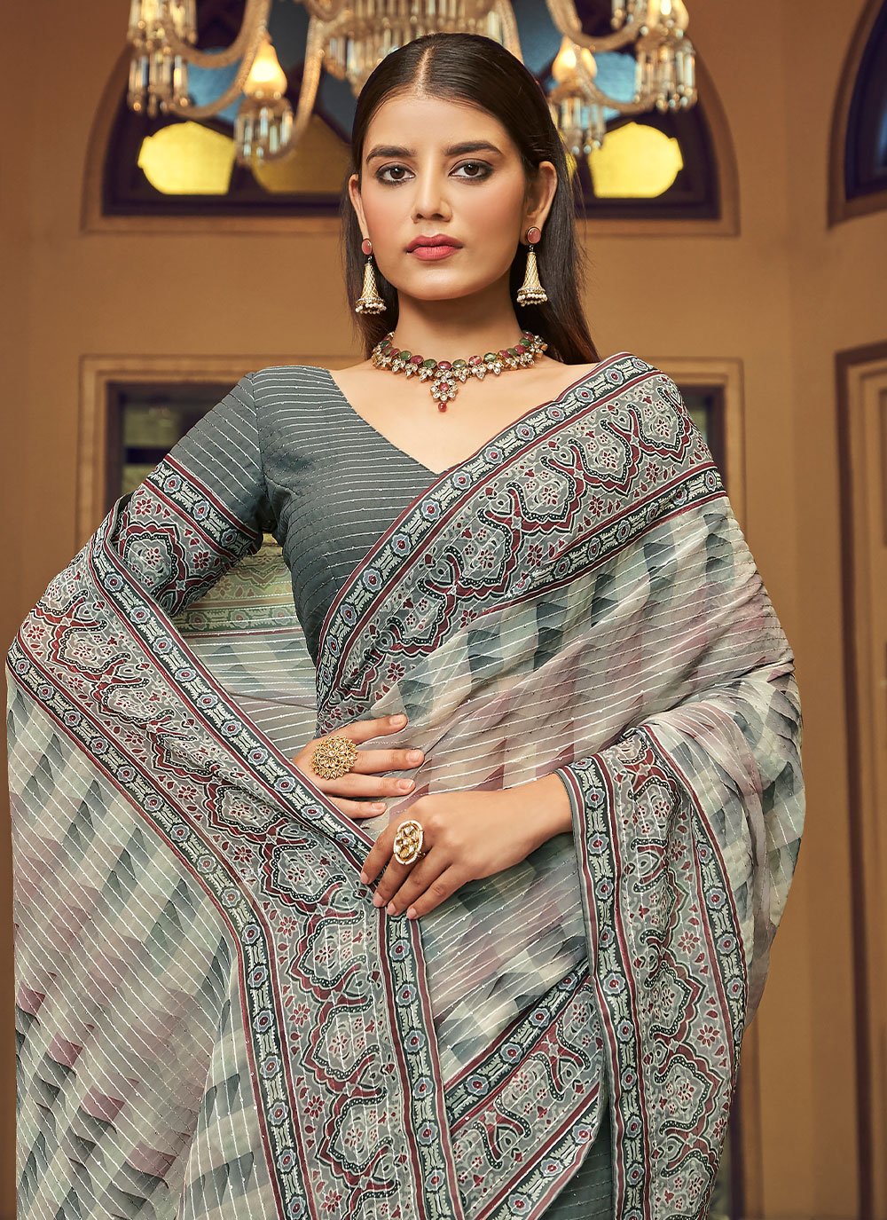 Designer Georgette Grey Print Saree