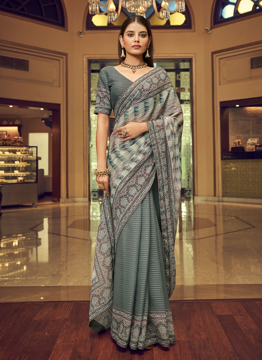 Designer Georgette Grey Print Saree