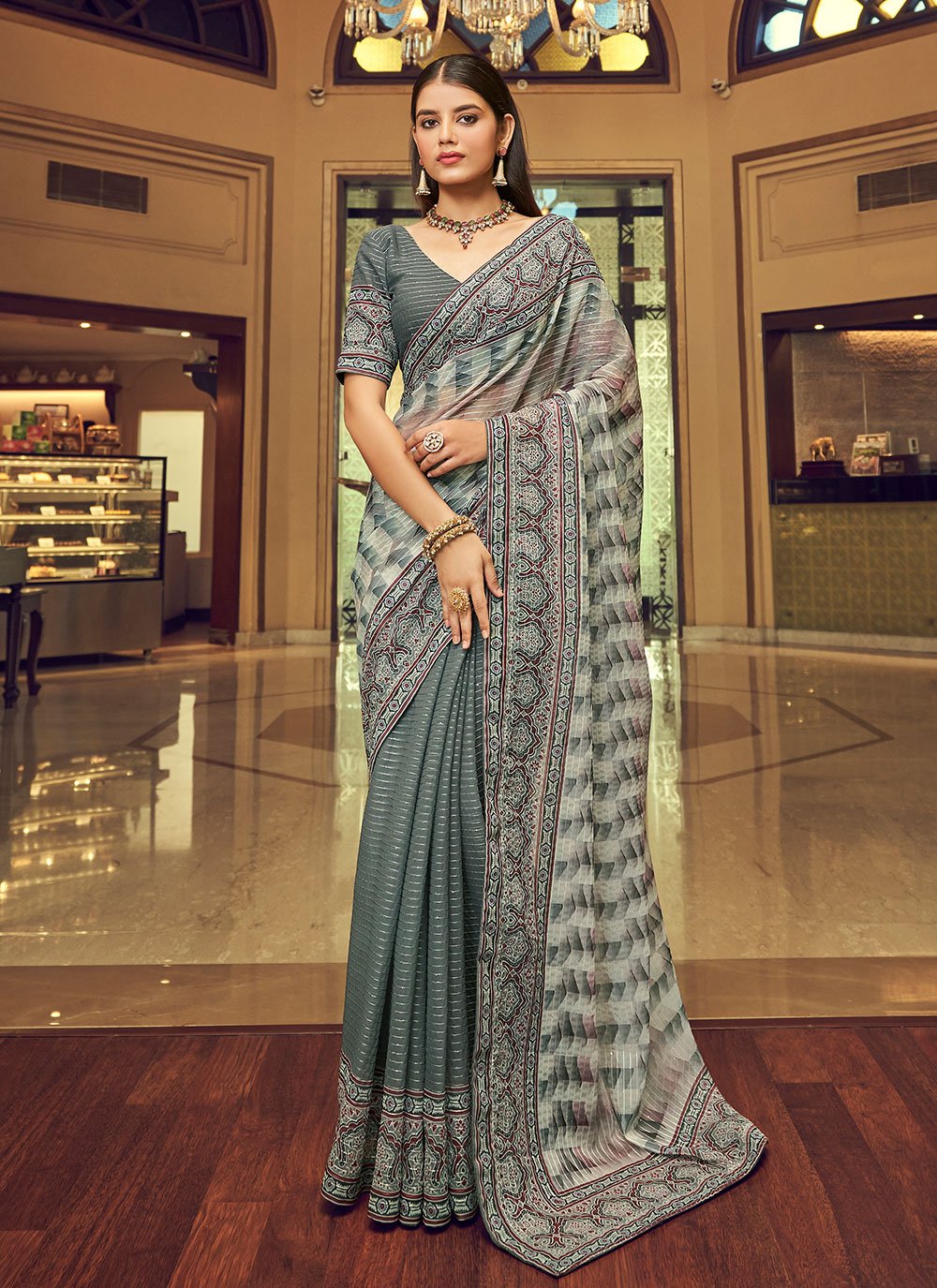 Designer Georgette Grey Print Saree