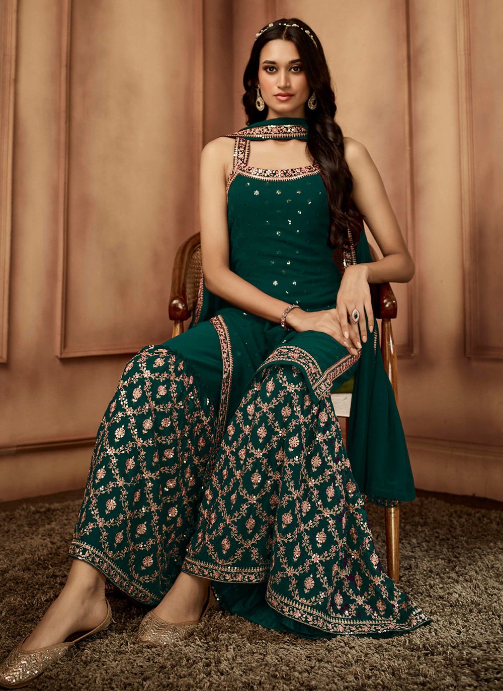 Straight Salwar Suit Georgette Green Embroidered Salwar Kameez