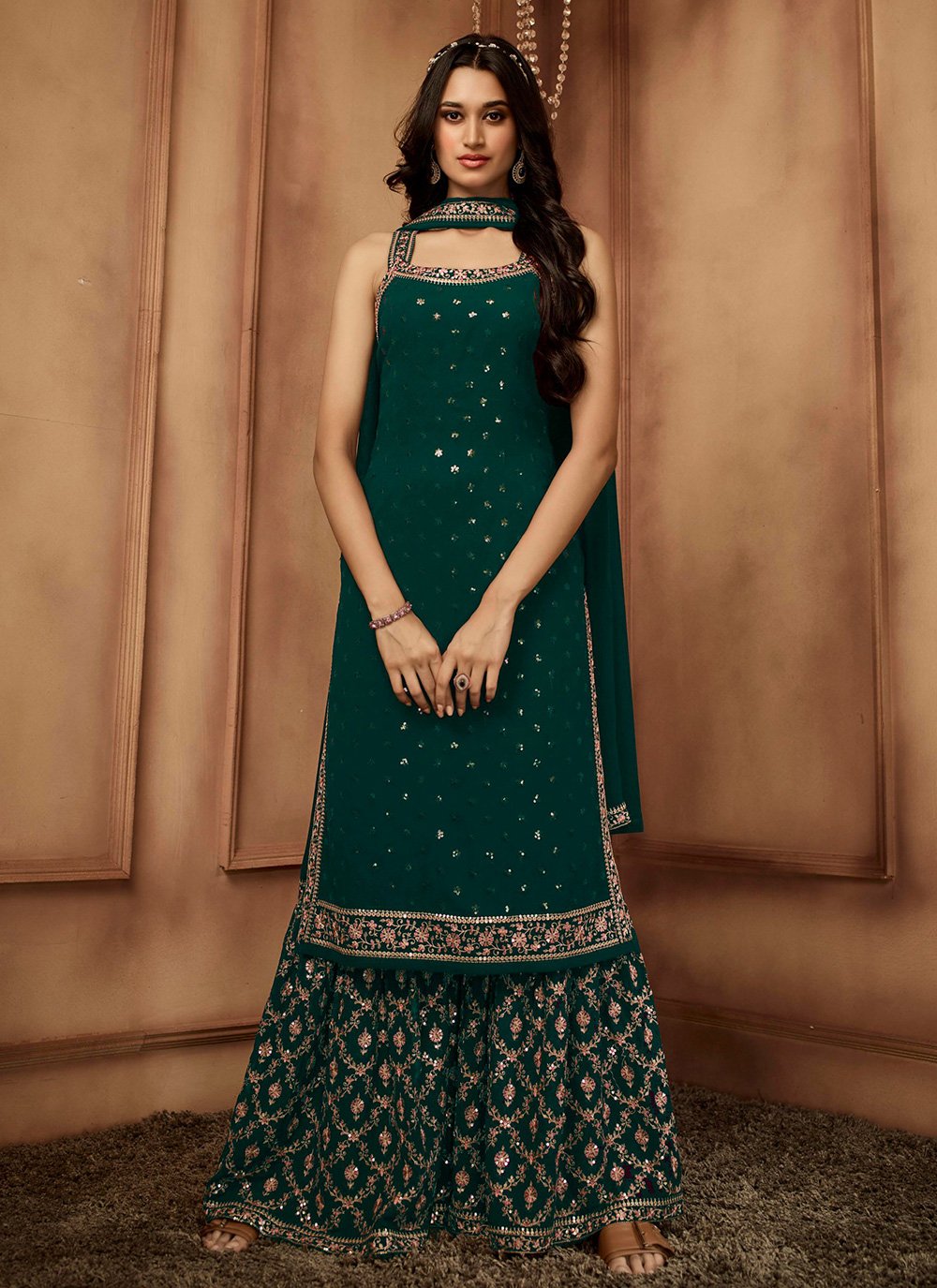 Straight Salwar Suit Georgette Green Embroidered Salwar Kameez