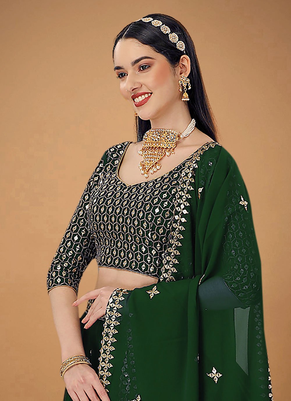 Lehenga Choli Georgette Green Embroidered Lehenga Choli