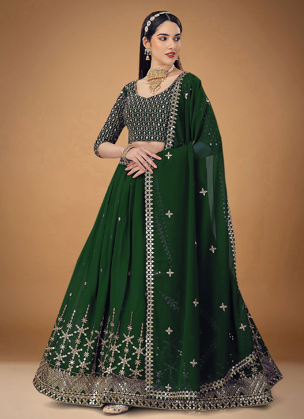 Lehenga Choli Georgette Green Embroidered Lehenga Choli