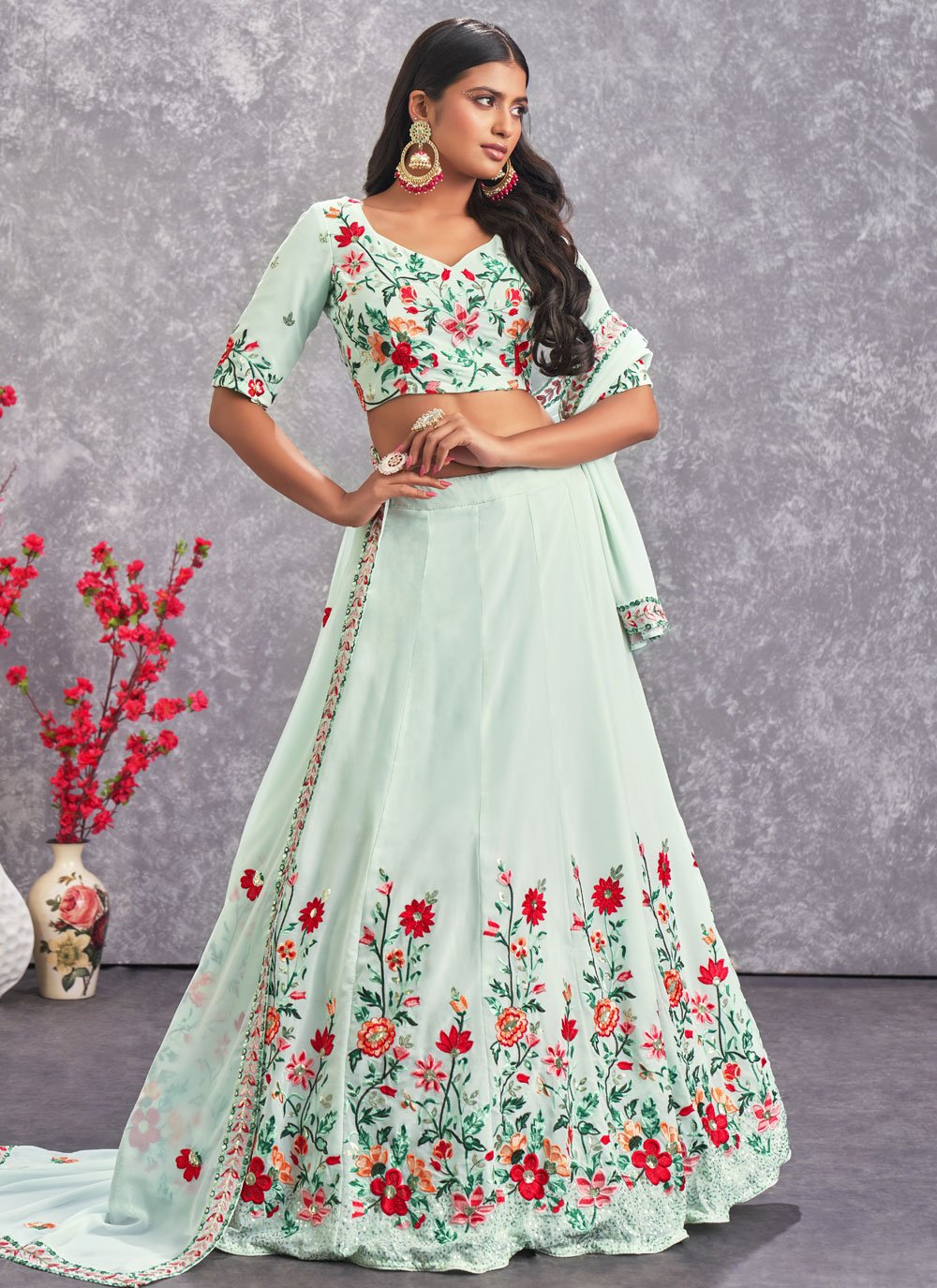 Lehenga Choli Georgette Sea Green Embroidered Lehenga Choli