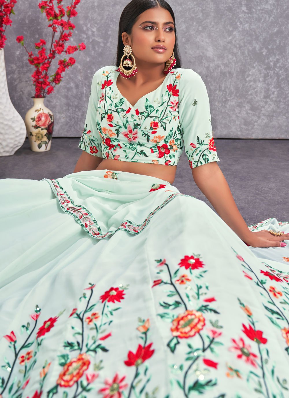 Lehenga Choli Georgette Sea Green Embroidered Lehenga Choli