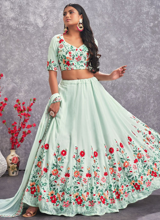 Lehenga Choli Georgette Sea Green Embroidered Lehenga Choli