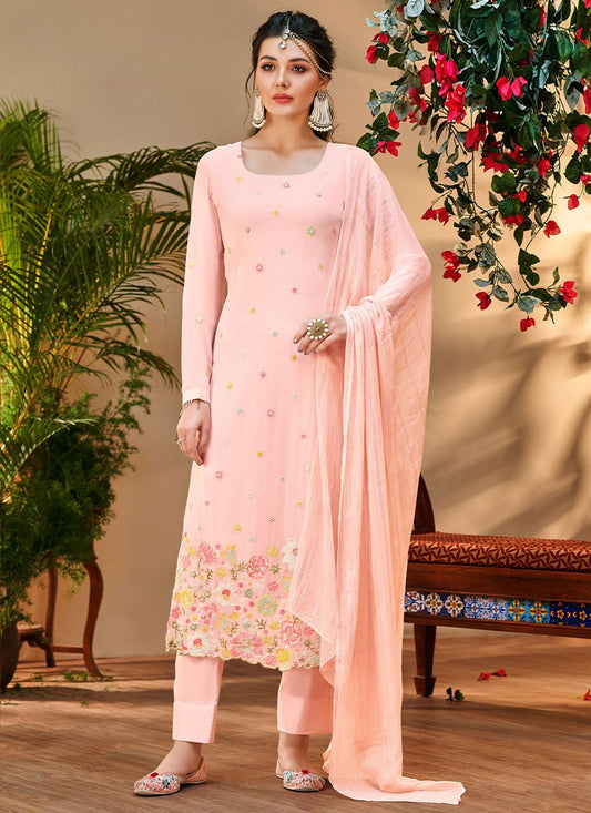 Floor Lenght Salwar Suit Georgette Viscose Pink Embroidered Salwar Kameez
