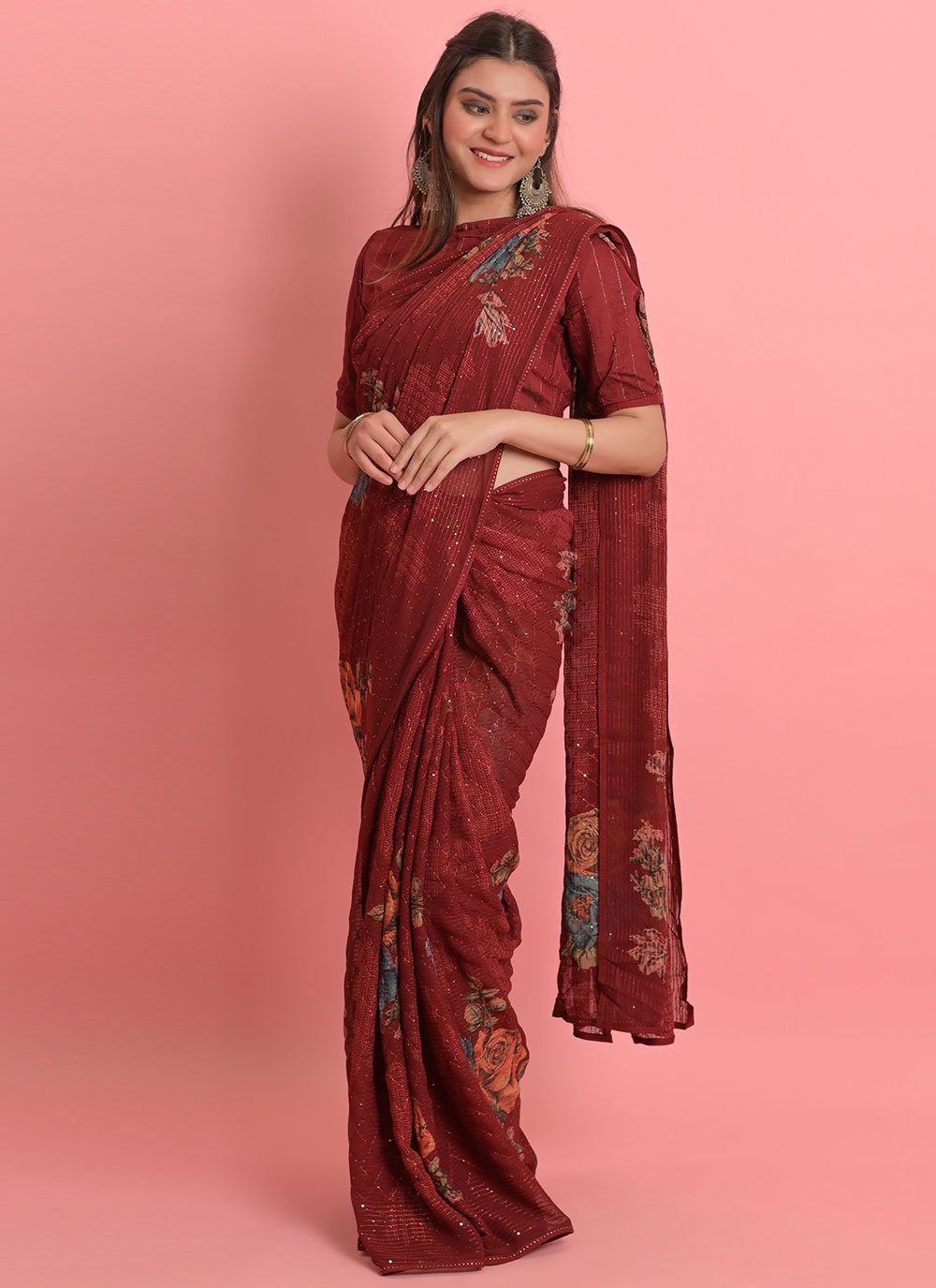 Classic Georgette Magenta Floral Patch Saree