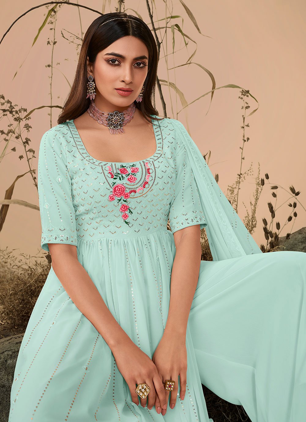 Palazzo Salwar Suit Georgette Aqua Blue Embroidered Salwar Kameez