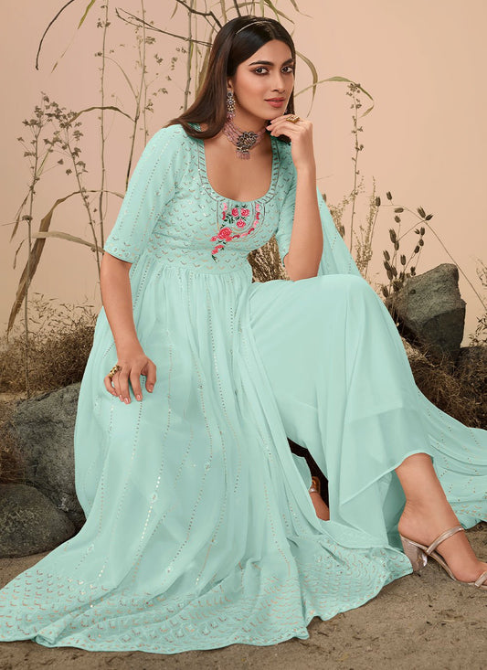 Palazzo Salwar Suit Georgette Aqua Blue Embroidered Salwar Kameez