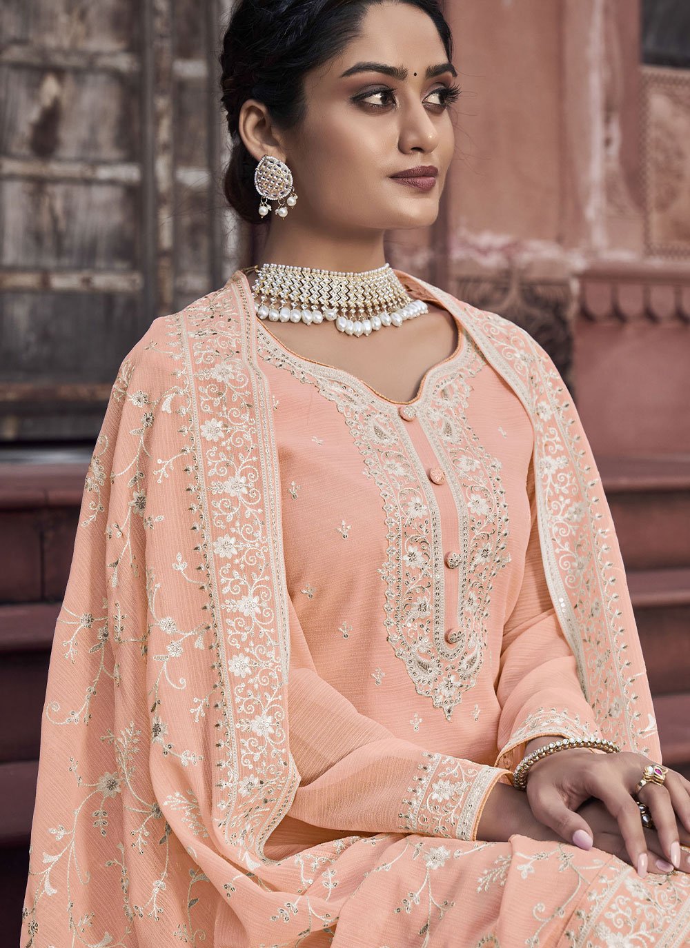 Salwar Suit Georgette Peach Sequins Salwar Kameez