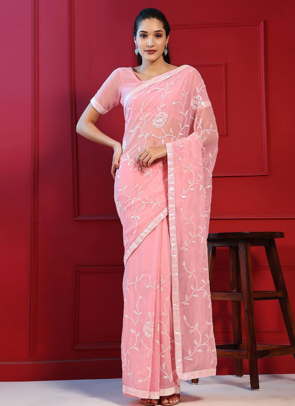 Contemporary Georgette Pink Embroidered Saree