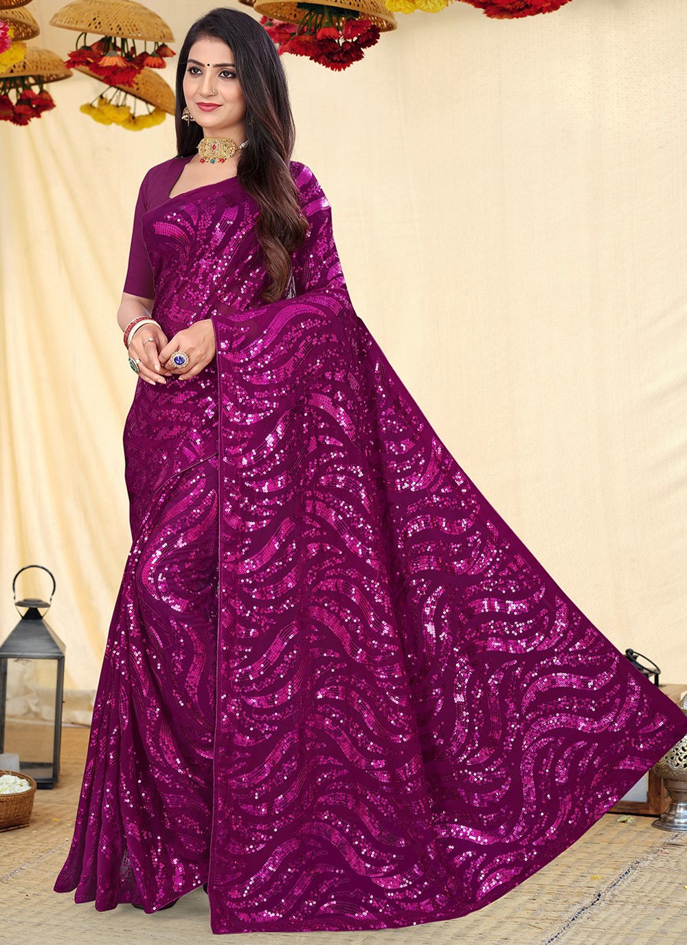 Designer Georgette Purple Sequins Saree