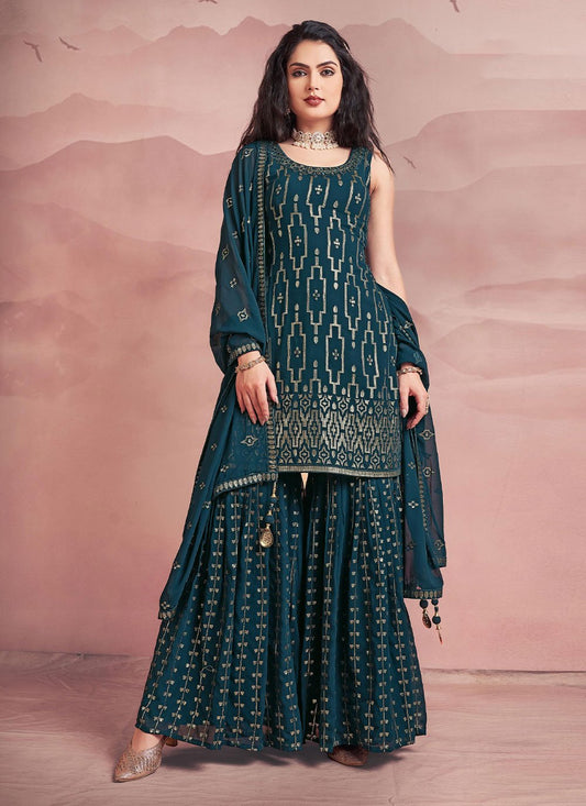 Salwar Suit Georgette Teal Sequins Salwar Kameez