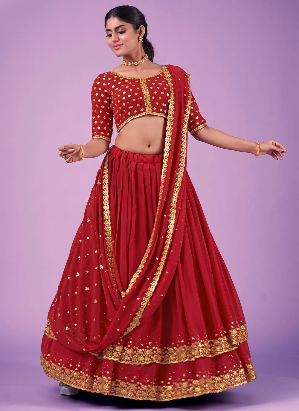 Lehenga Choli Georgette Red Sequins Lehenga Choli