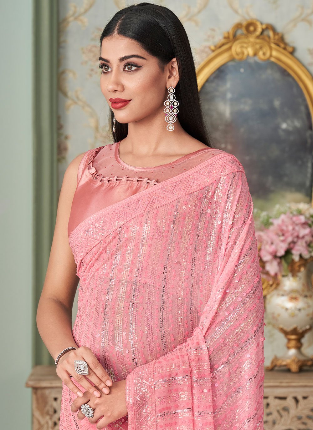 Contemporary Georgette Pink Sequins Saree