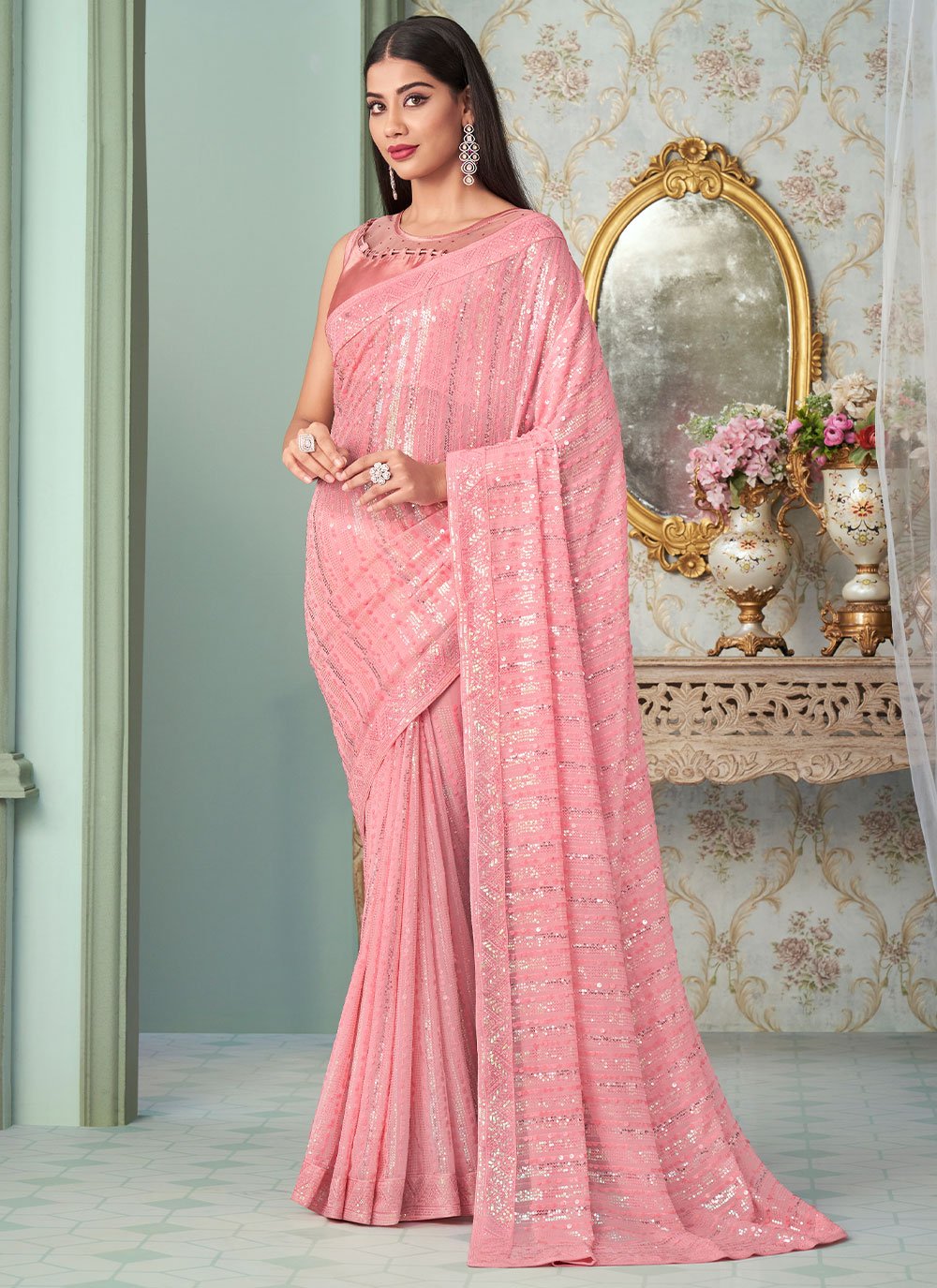 Contemporary Georgette Pink Sequins Saree