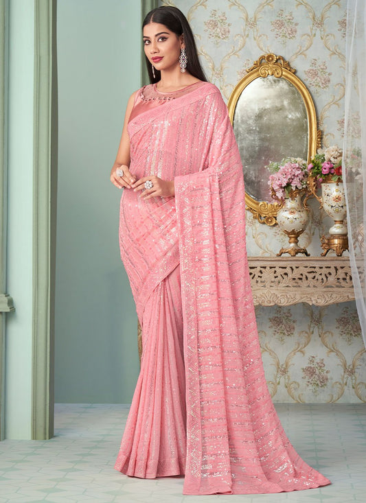 Contemporary Georgette Pink Sequins Saree