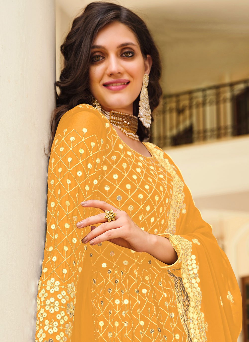 Salwar Suit Georgette Yellow Embroidered Salwar Kameez