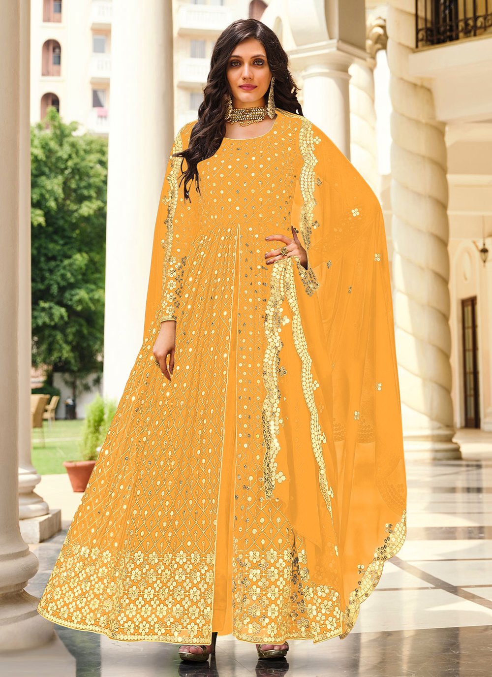 Salwar Suit Georgette Yellow Embroidered Salwar Kameez