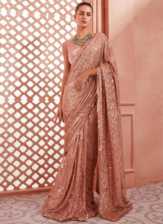 Trendy Saree Georgette Peach Sequins Saree