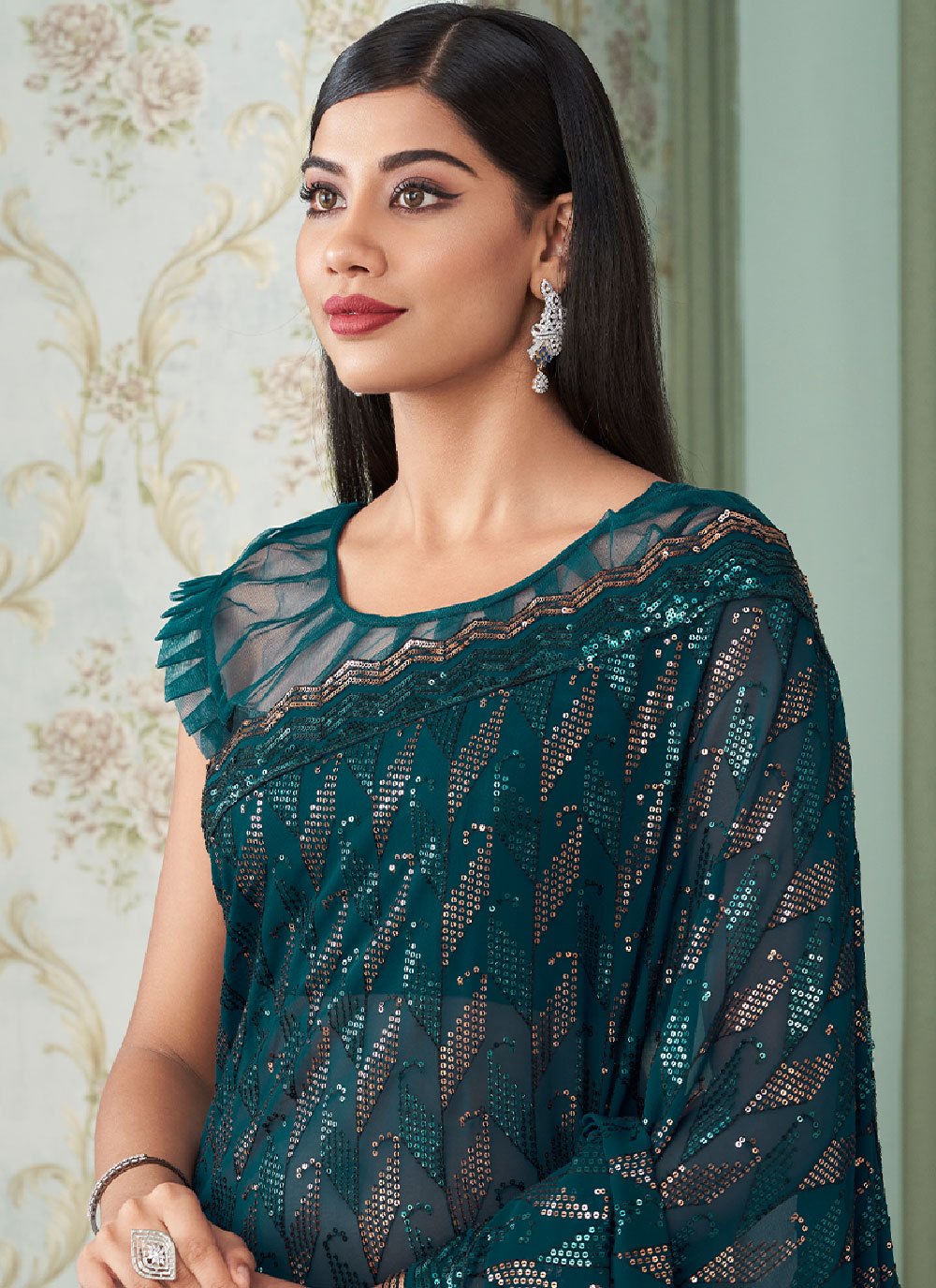 Trendy Saree Georgette Teal Sequins Saree