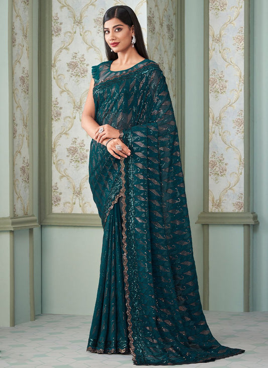 Trendy Saree Georgette Teal Sequins Saree