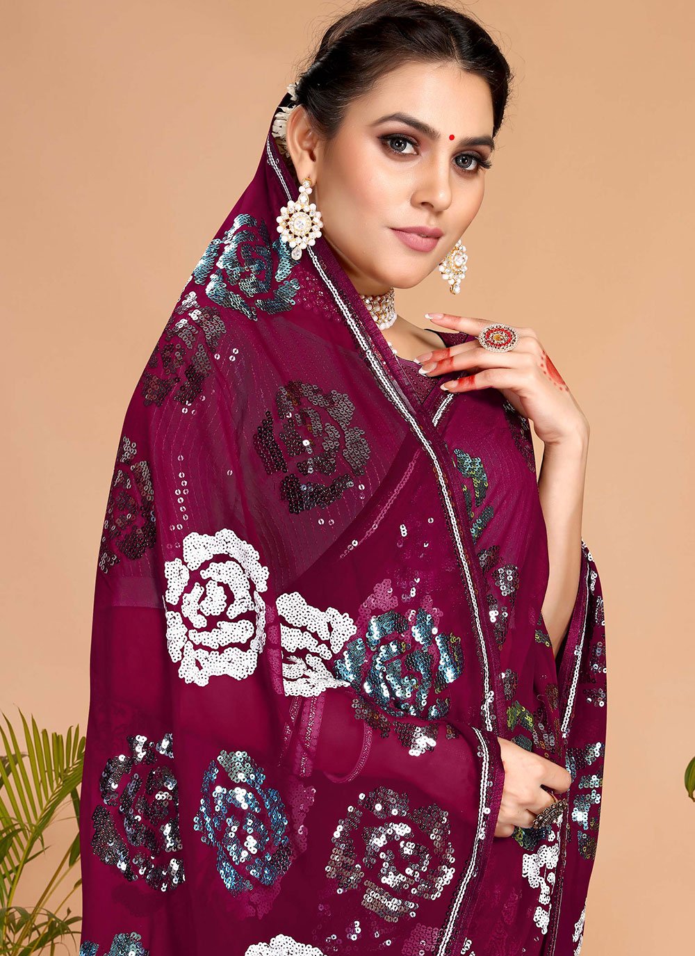 Trendy Saree Georgette Wine Embroidered Saree