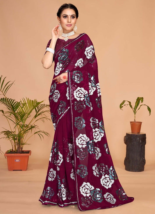 Trendy Saree Georgette Wine Embroidered Saree