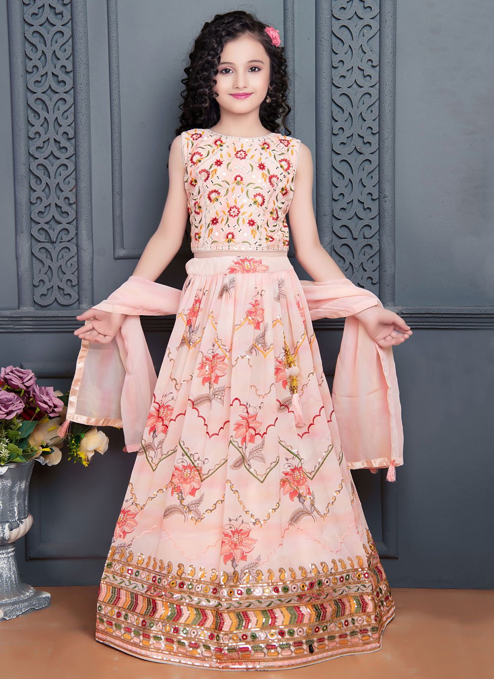 Lehenga Choli Georgette Peach Digital Print Kids