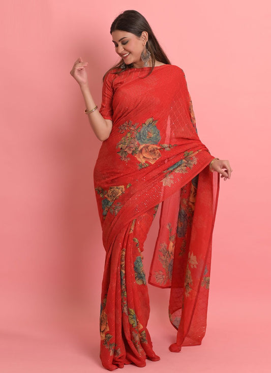 Classic Georgette Orange Floral Patch Saree