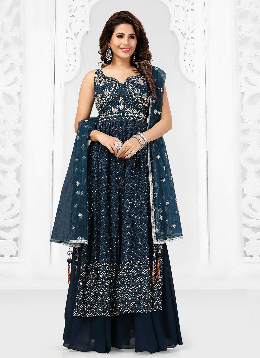 Pant Style Suit Georgette Blue Embroidered Salwar Kameez