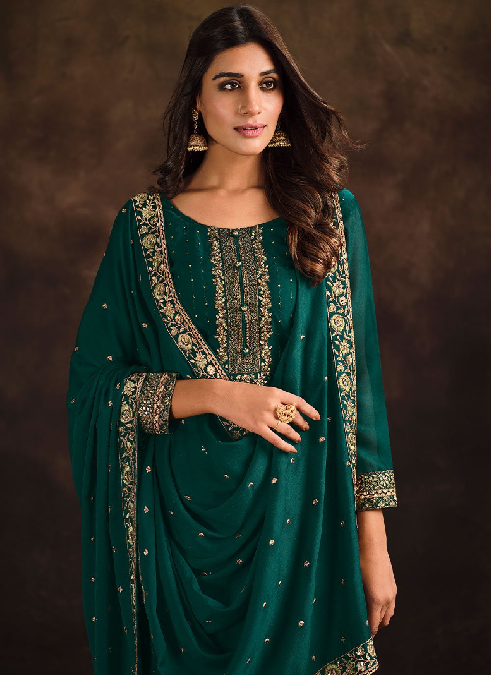 Straight Salwar Suit Georgette Green Embroidered Salwar Kameez