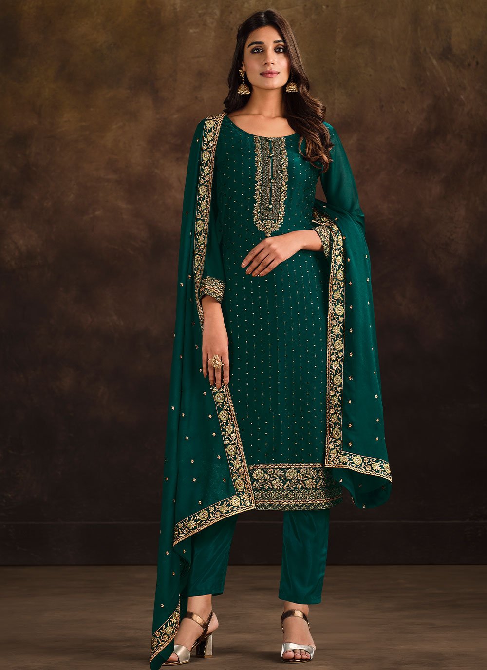 Straight Salwar Suit Georgette Green Embroidered Salwar Kameez