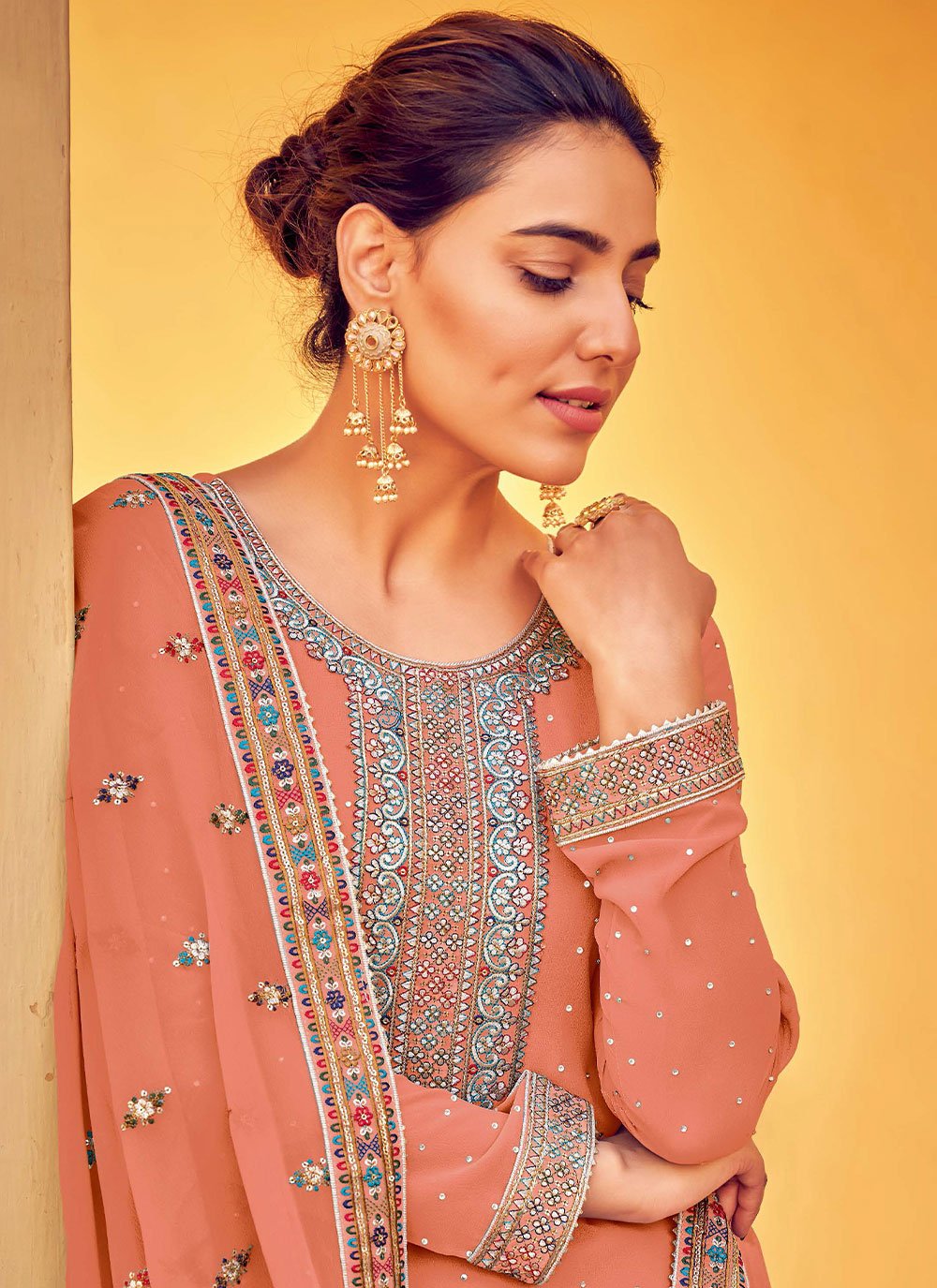 Straight Salwar Suit Georgette Peach Diamond Salwar Kameez