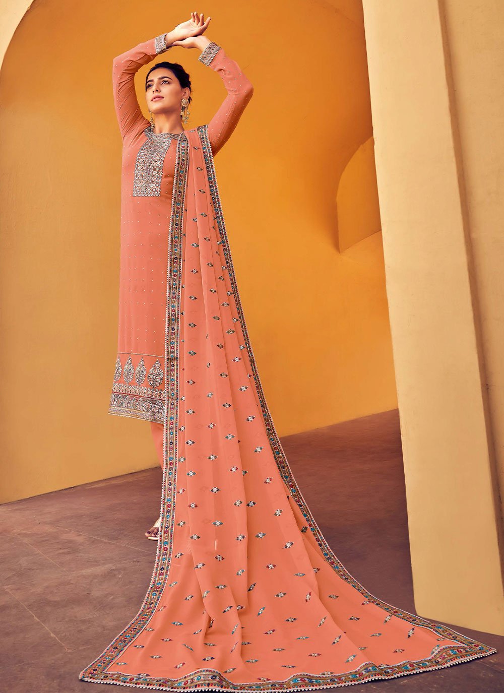 Straight Salwar Suit Georgette Peach Diamond Salwar Kameez