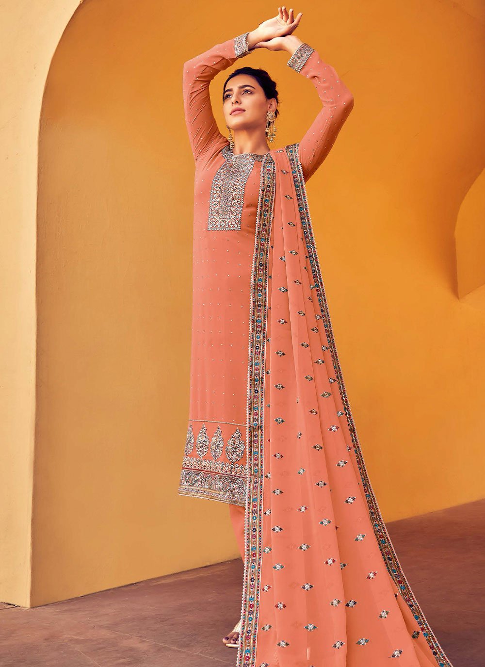 Straight Salwar Suit Georgette Peach Diamond Salwar Kameez