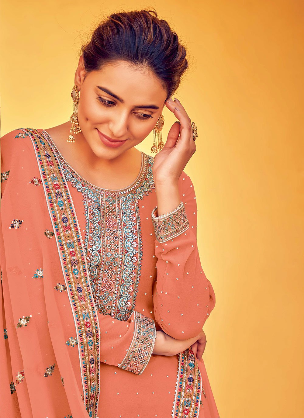 Straight Salwar Suit Georgette Peach Diamond Salwar Kameez