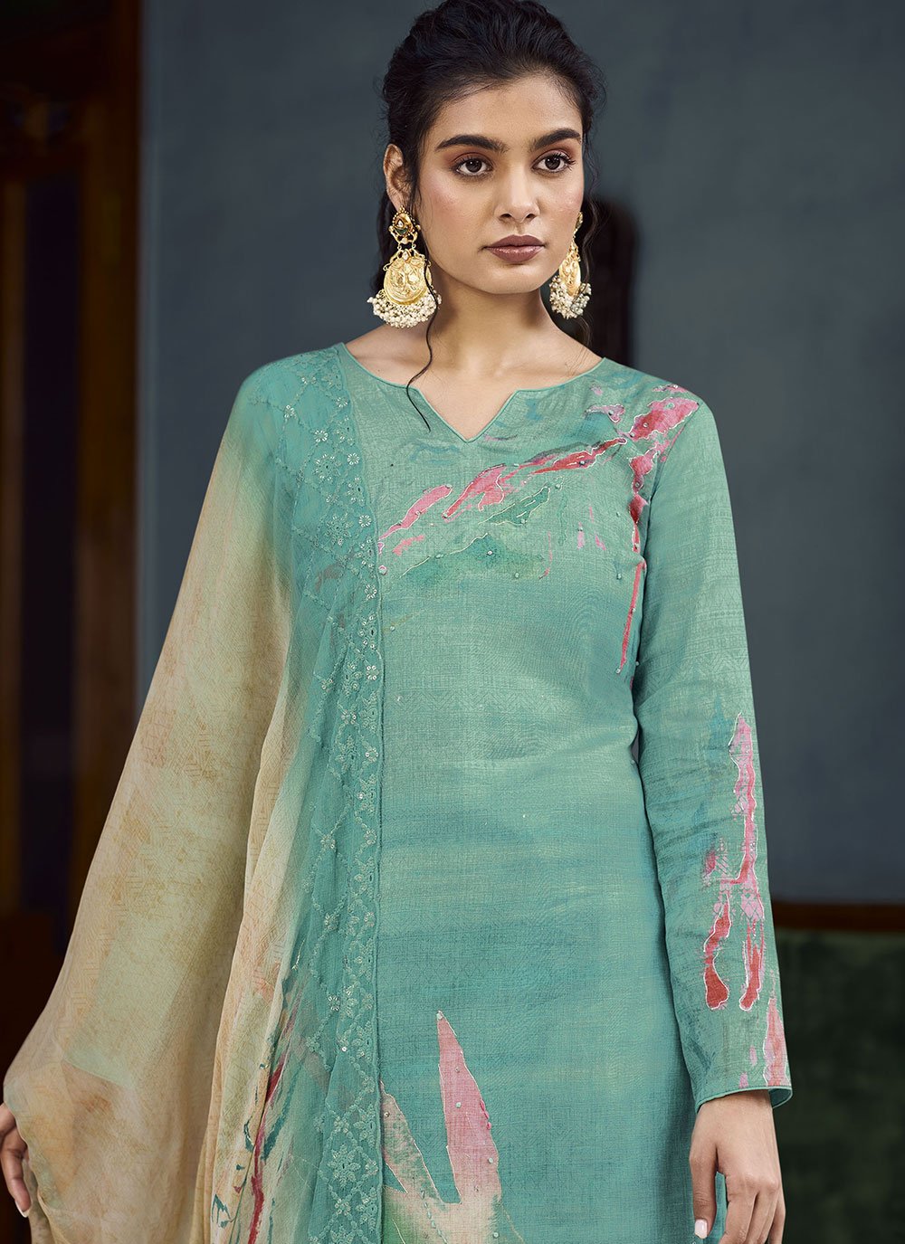 Straight Salwar Suit Georgette Turquoise Digital Print Salwar Kameez