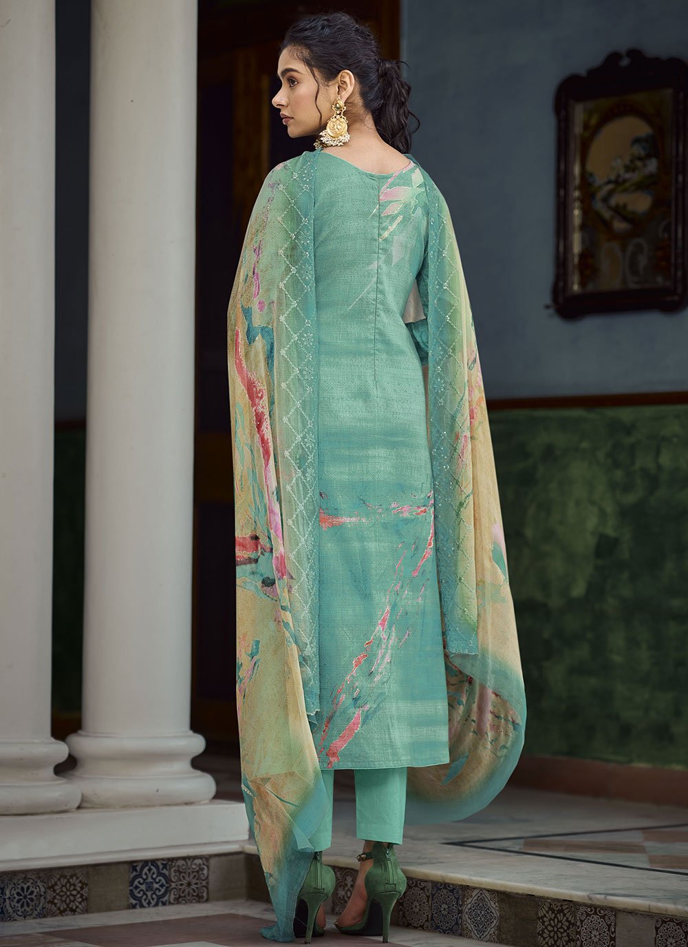 Straight Salwar Suit Georgette Turquoise Digital Print Salwar Kameez