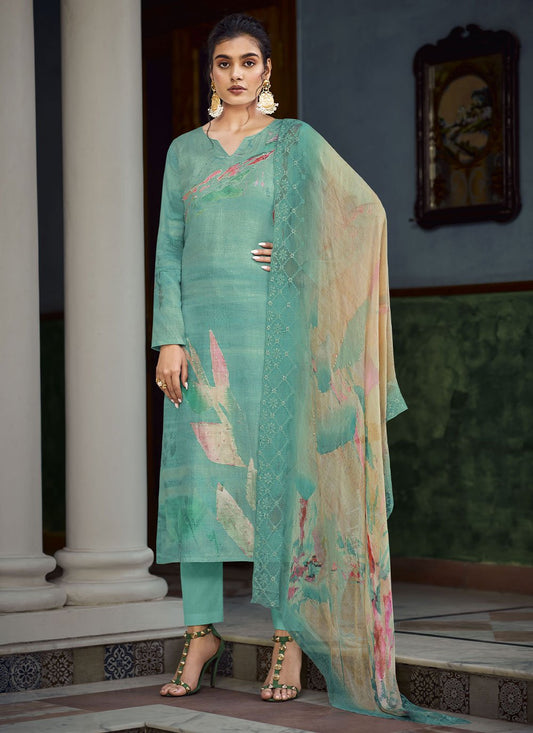 Straight Salwar Suit Georgette Turquoise Digital Print Salwar Kameez