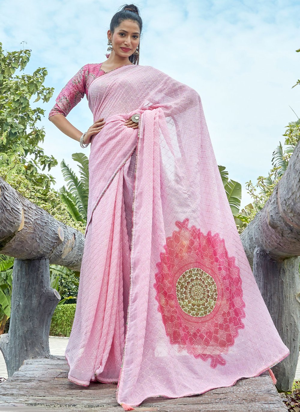 Trendy Saree Georgette Pink Swarovski Saree