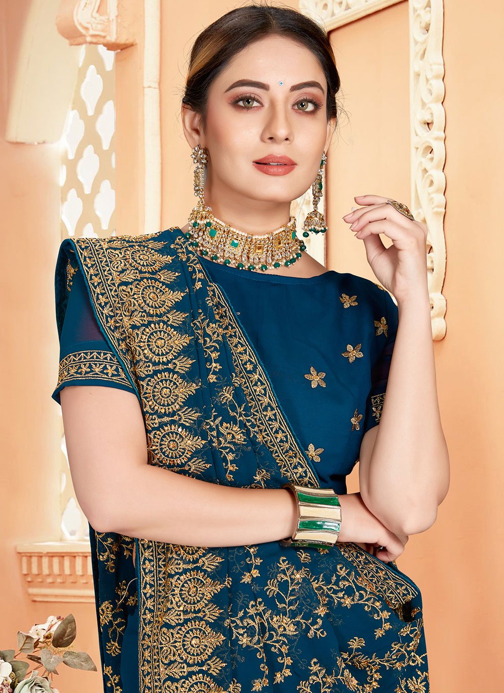 Contemporary Georgette Teal Embroidered Saree