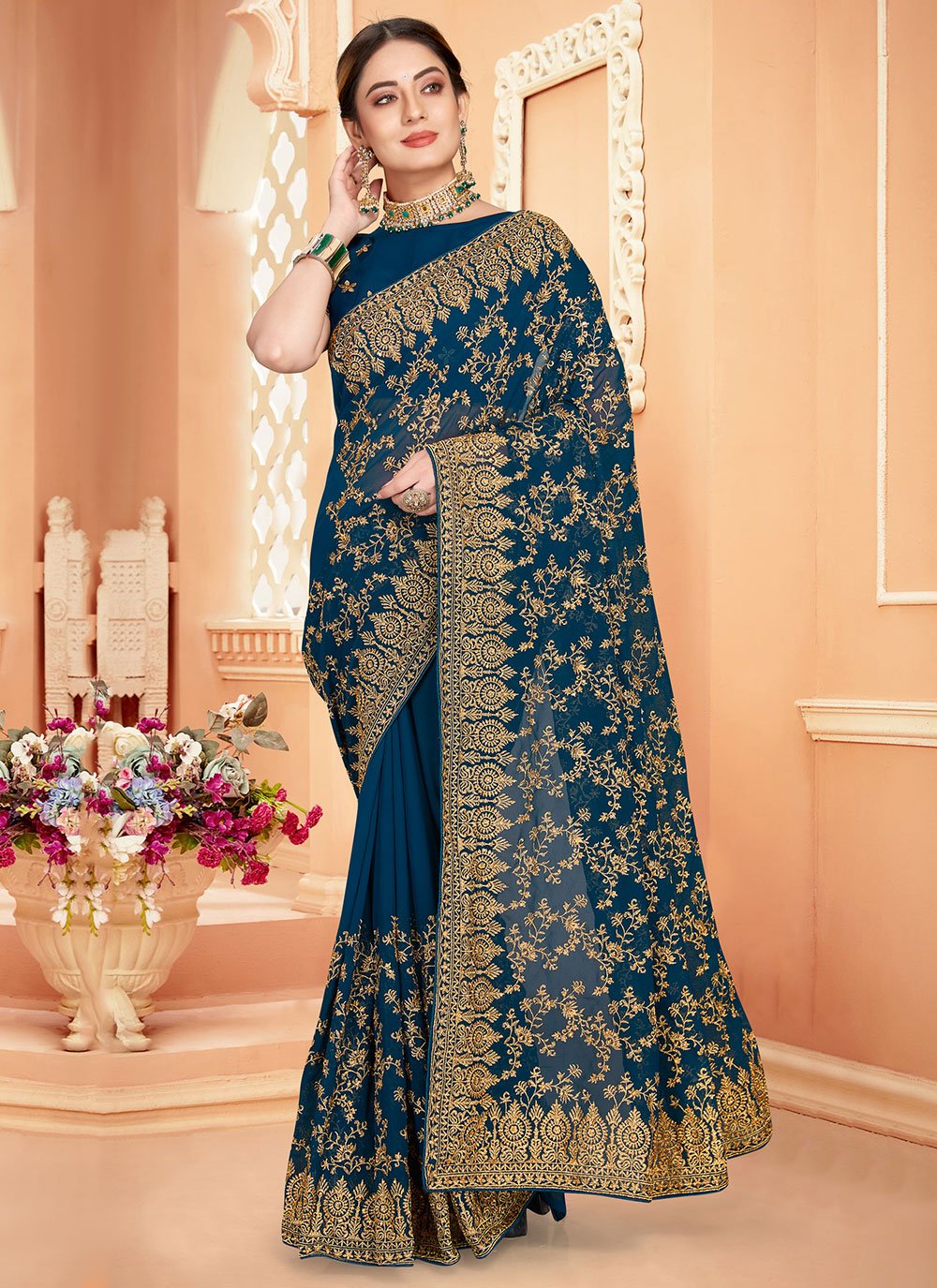 Contemporary Georgette Teal Embroidered Saree