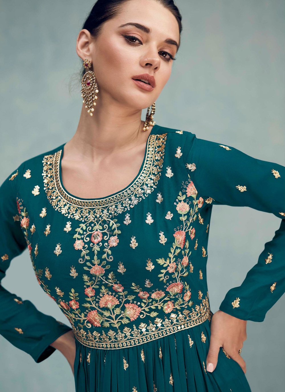 Salwar Suit Georgette Teal Embroidered Salwar Kameez