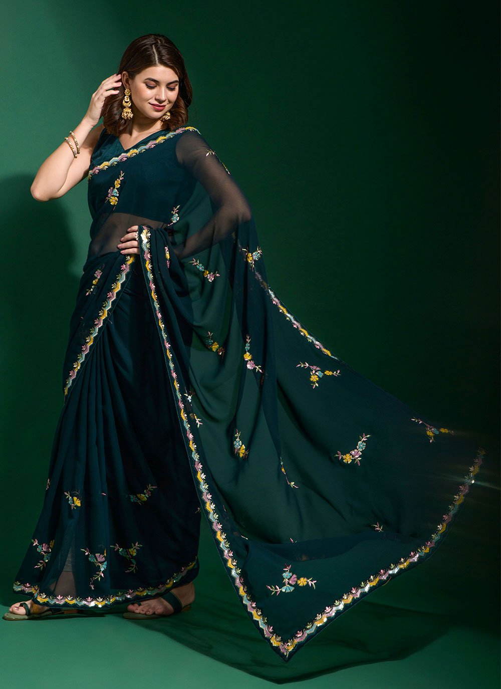 Designer Georgette Teal Embroidered Saree