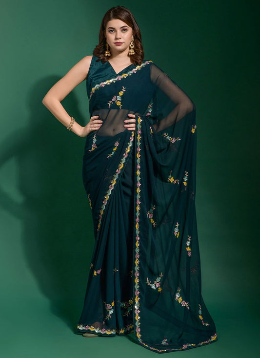 Designer Georgette Teal Embroidered Saree