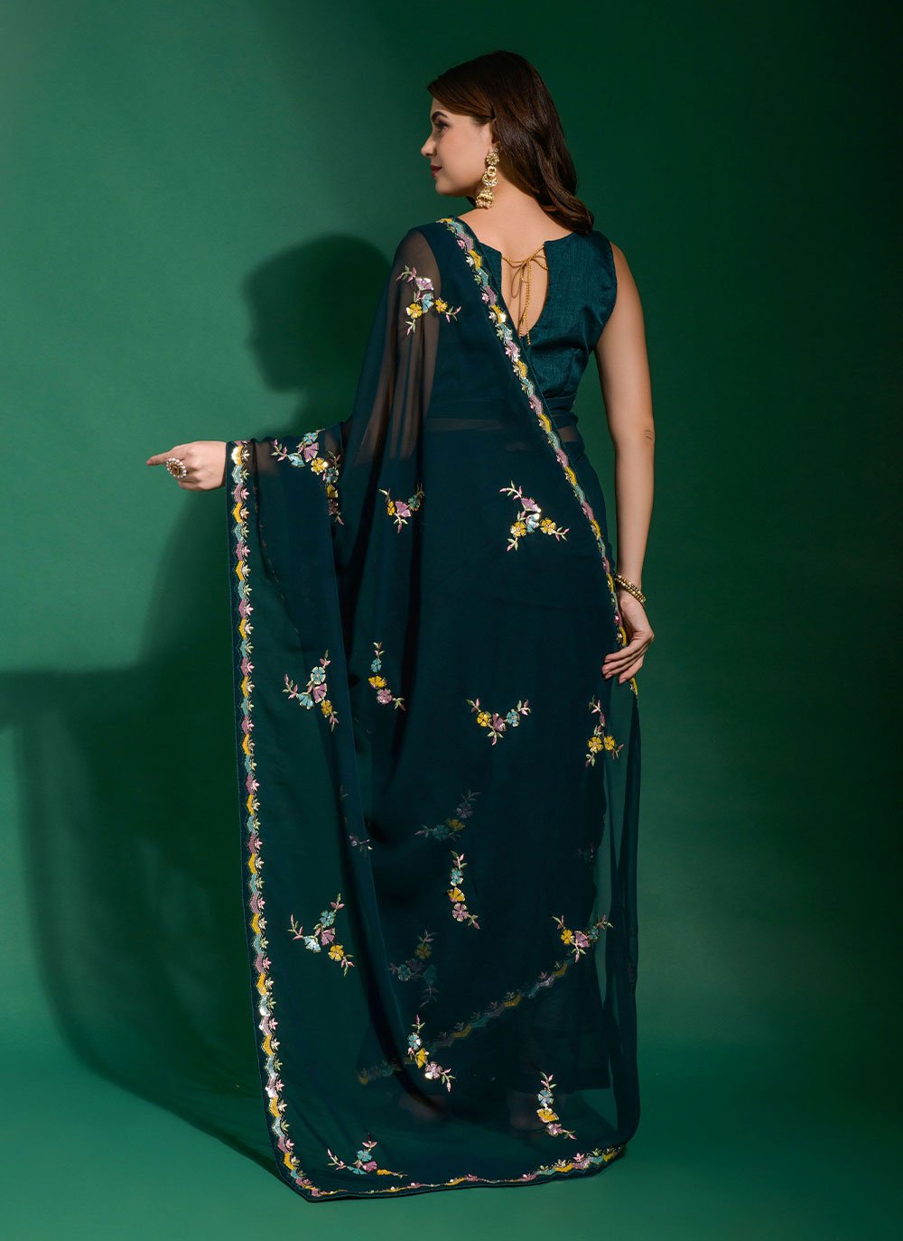 Designer Georgette Teal Embroidered Saree